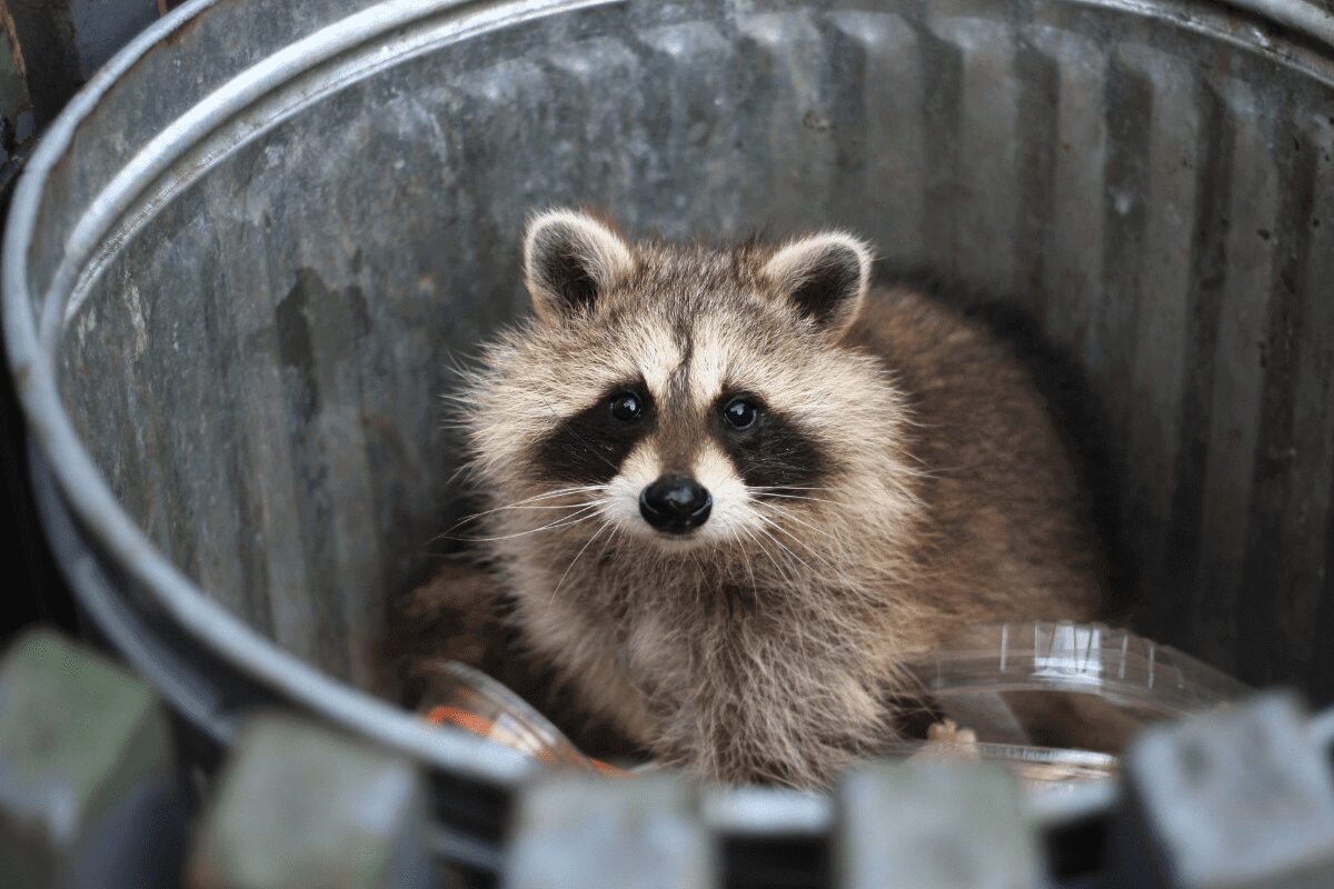 A raccoon peeks out from inside a metal trash can.