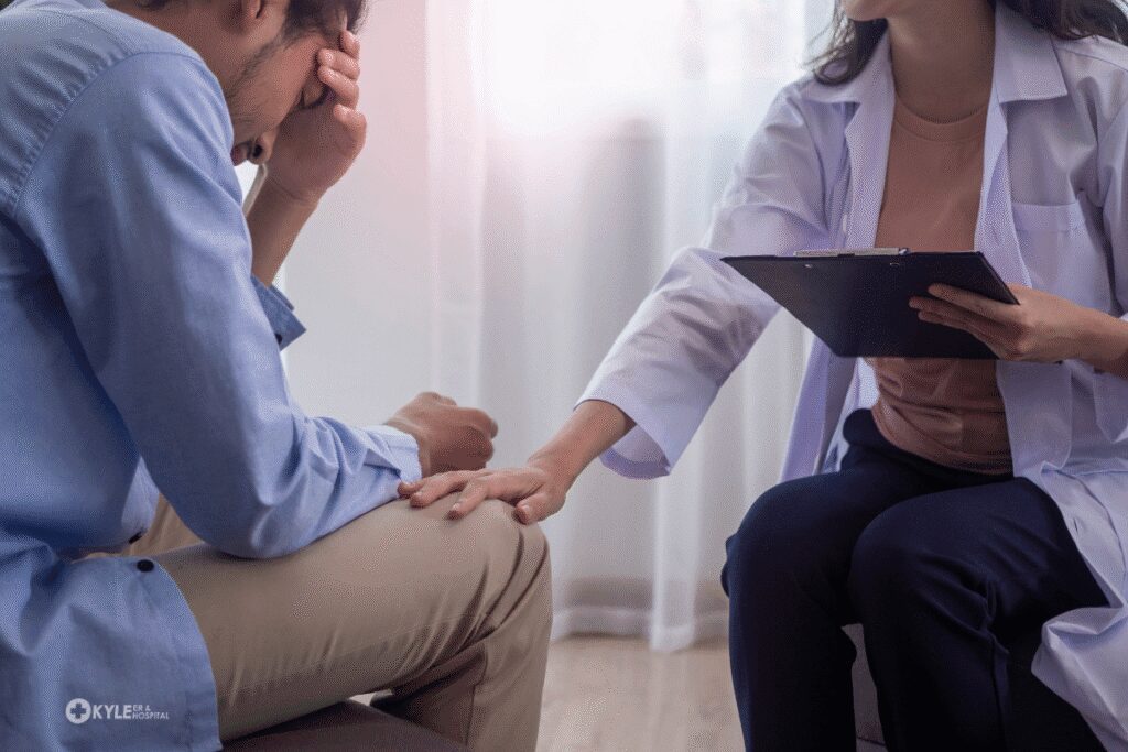 A doctor comforting a patient by holding their hand during a consultation.